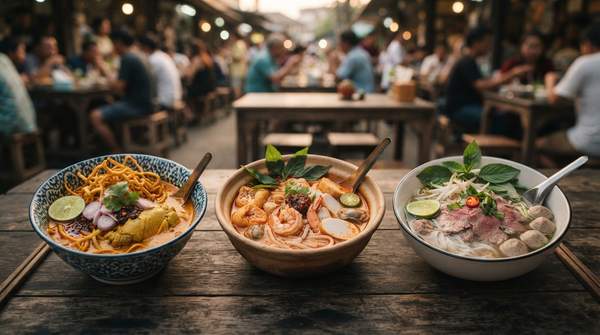 Editorial illustration for Khao Soi vs. Laksa vs. Pho: How to Tell Three Iconic Southeast Asian Noodle Soups Apart