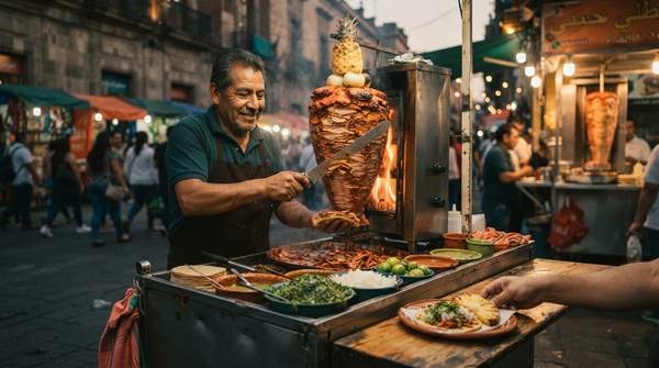 Editorial illustration for The Lebanese Roots and Mexican Evolution of Tacos al Pastor